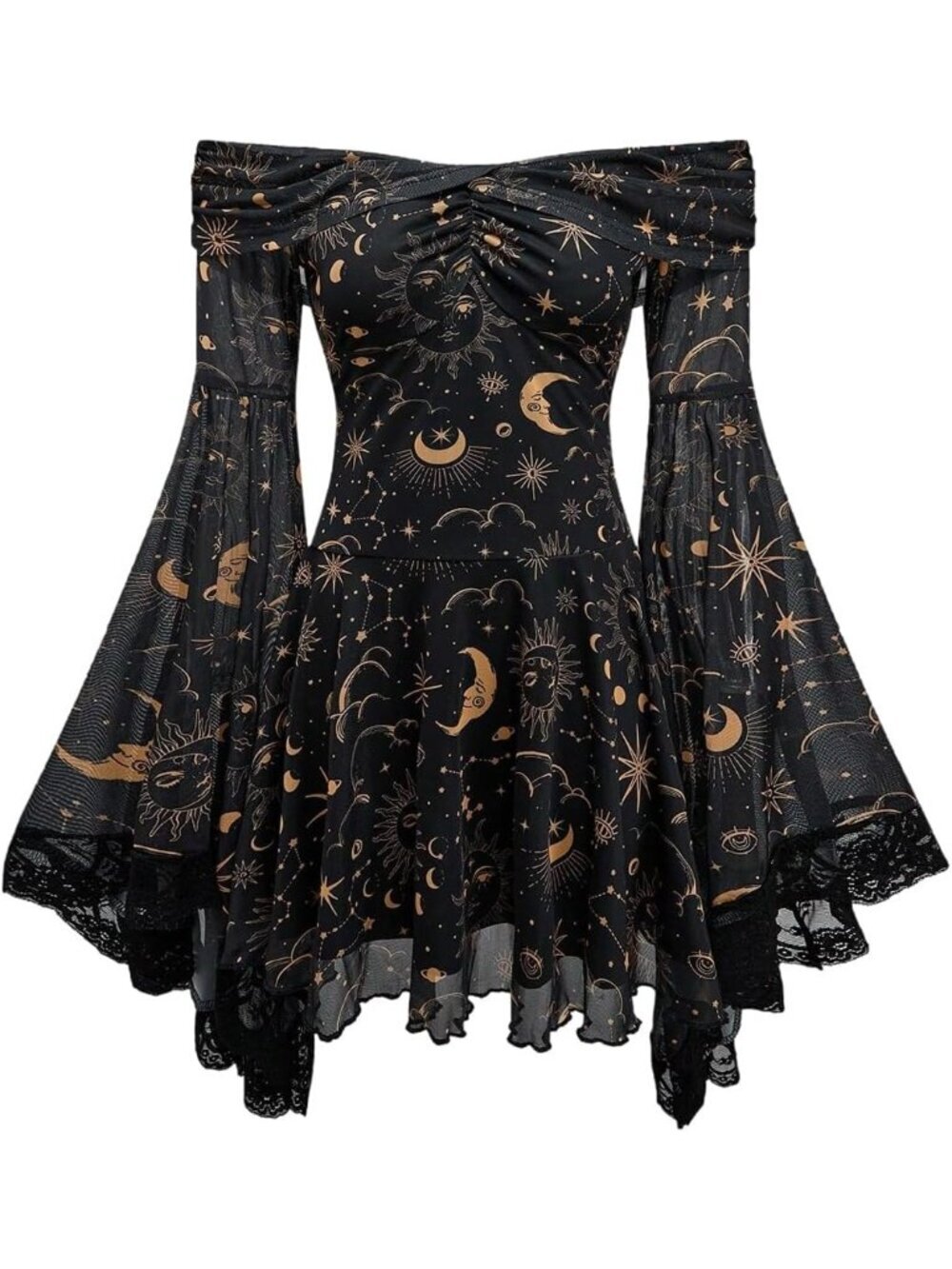 Women's Black Long Bell Sleeve Gothic Print Off The Shoulder Short Dress